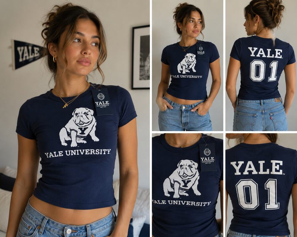 Yale University Baby Tee XS Navy Bulldog Graphic T-Shirt NWT Y2K Preppy Cotton